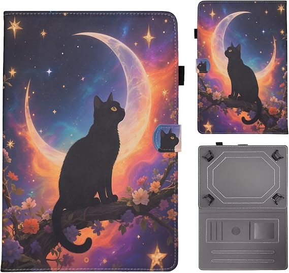 PU Leather Tab Case for Universal 10-11" Vibrant Colors & Stylish Patterns, Cover Protection, Stand, for DOOGEE Blackview Tablet 10, Moonlight Cat