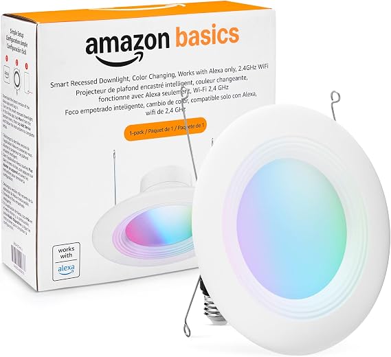 Amazon Basics Smart Recessed 5/6 Inch Downlight, Color Changing, Works with Alexa only, 2.4GHz WiFi, 1 Pack
