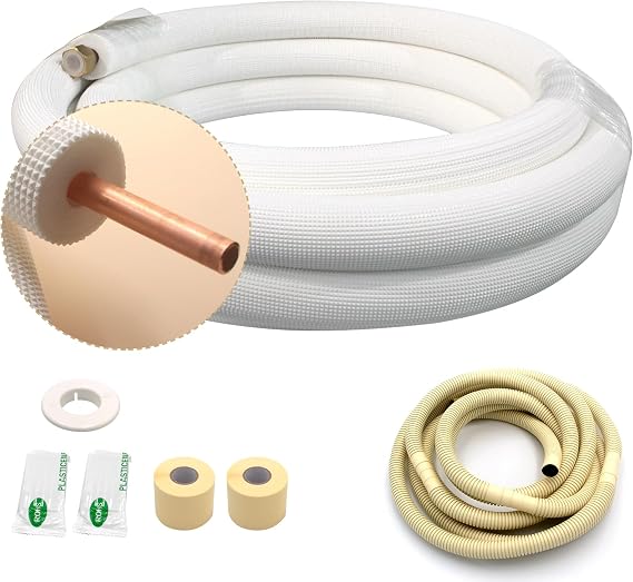 25FT Copper Tubing Mini Split Line Set 3/8" OD Single Tube with Nuts,1/2" White Insulation Kit Pipe Round Metal for Air Condition,HVAC Heating System, Refrigeration,Industry, DIY