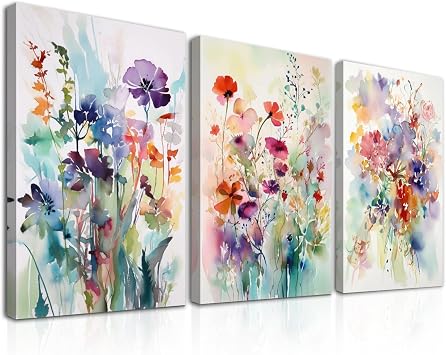 Dazzlewall 3Pcs Framed Watercolor Flower Wall Art Decor Modern Wildflower Prints, Colorful Botanical Wall Pictures for Bedroom Bathroom Living Room Decor 12x16 in