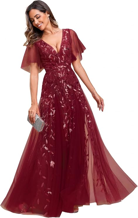 Ever-Pretty Women's Sequin Formal Dresses Evening Gown Sparkly V-Neck Short Sleeve Floor Length Mother of The Bride Dress 736