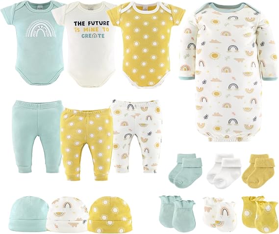 The Peanutshell Baby Layette Gift Set for Baby Boys or Girls - 16 Piece New Born Unisex Gift Set, Clothes & Newborn Essentials Must Haves - Clothes 0-3 Months - Sunny Side Up