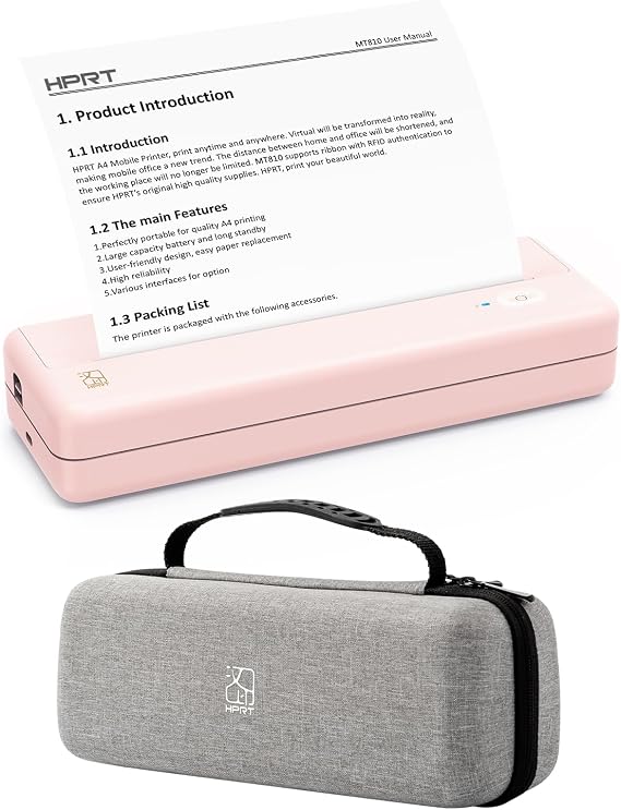 HPRT Travel Business Portable Mobile Printer MT810 Pink with Case, Thermal Inkless Home Use Compact Printer, Bluetooth Wireless Printer Compatible with iOS Android Phone & Laptop