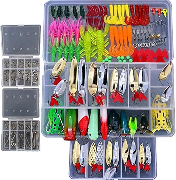 Smartonly1 226Pc Fishing Kit - Bionic Bass Trout Salmon Pike Lures - Frog Minnow Popper Pencil Crank Soft Hard Bait Metal Spoon Jig Lures with Tackle Box