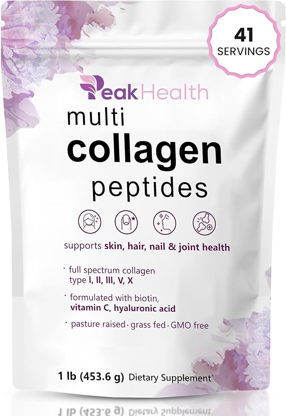 Peakhealth Multi Collagen Peptides Powder 1lb,Hyaluronic Acid, Unflavored
