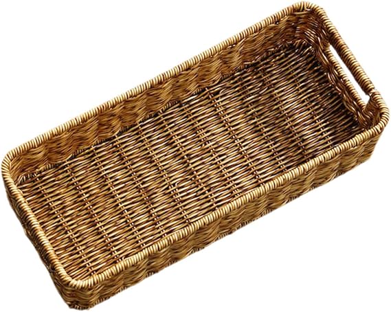 Rattan Woven Storage Basket Desktop Organizer in Coffee Colour, Imitation Rattan Material with Iron and Pp, Not Easy to Break Or Deform, for Table Decoration and Kitchen Decor