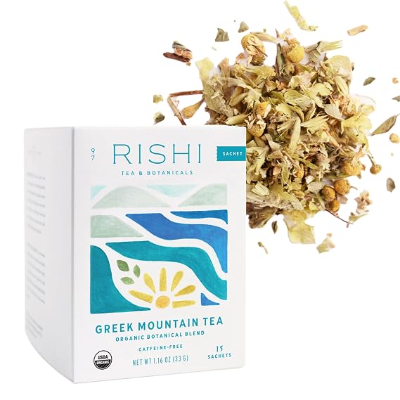Rishi Tea Greek Mountain Organic Herbal Tea Bags, Caffeine Free, 15ct | Fortifying and Uplifting, Botanical Tea Blend with Ironwort, Sustainable, 15 Servings
