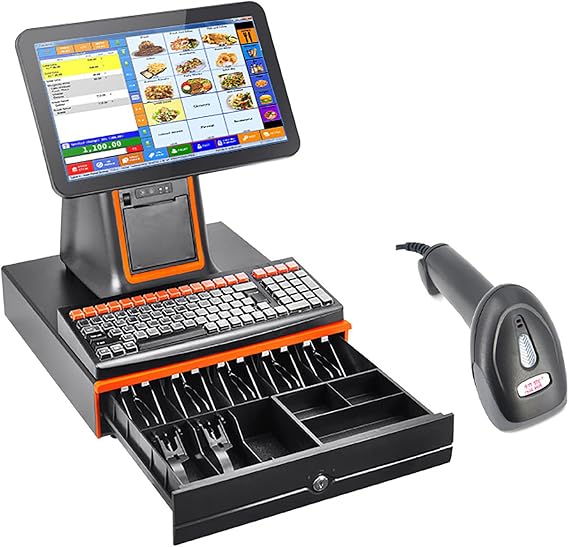 Smart Cash Register, All-in-One Cash Register, LCD Touch Screen Cash Monitor, 101 Keys Cash Register Keypad, with Thermal Printer (Black B)