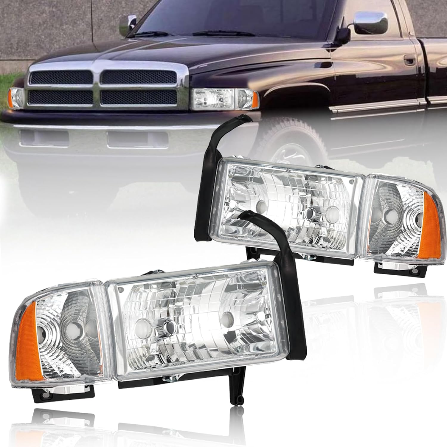 Headlights Compatible with 1994-2001 Dodge Ram 15001994-2002 Dodge Ram 2500 3500 DONT Fit SPORT Models & Ram VAN Models Amber Reflector Chrome Housing