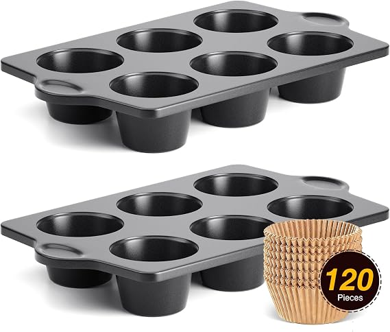 HONGBAKE Nonstick Jumbo Muffin Pan, 2 Pack Large Cupcake Tin with 120pcs Muffin Liners, Cup Cake Tray for Baking, 3.5dia, 6 Cup, Premium, Extra Thick