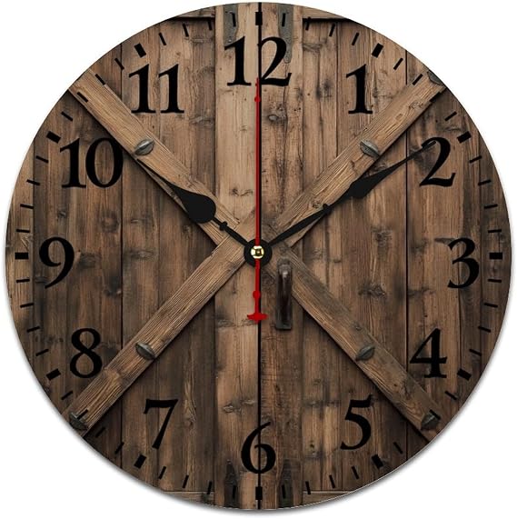 16 Inch Wall Clock Vintage Countryside Wood Board Modern Wood Wall Clock Quartz Movement Arabic Numbers Wooden Barn Door Vintage for Kids Room and Kitchen