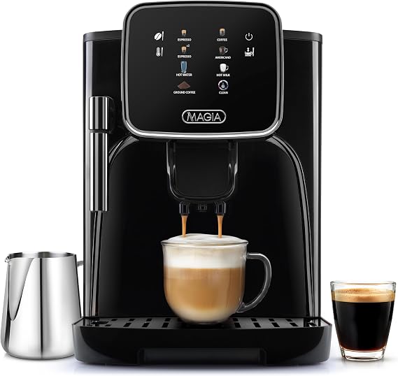 Zulay Kitchen Magia Clasica Automatic Espresso Machine with Built-In Grinder, Touch Panel Coffee Maker, Steam Wand Milk Frother, Adjustable Strength, Self-Cleaning, Black (13" x 17.7" x 9.4")