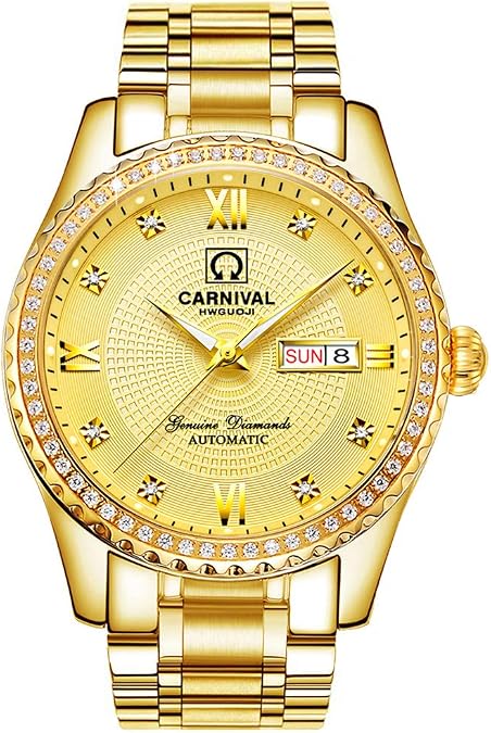 Carnival Mens Dial Automatic Full Gold Stainless Steel Sapphire Glass Waterproof Men Black Watch