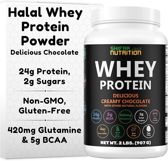 SHIFAA NUTRITION 2 Lbs Halal Whey Protein Powder Creamy Chocolate. 24g Protein, 5g BCAAs & 420mg Glutamine. for Building Lean Muscles & Recovery. Keto-Friendly, Gluten-Free, Non-GMO
