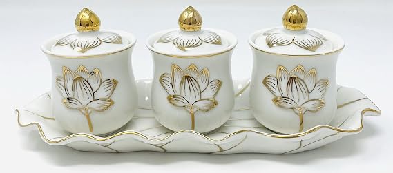 Houlu 3 Altar Cups Set, Ceramic Holy Water Offering Cup, Tibetan Buddhist Worship Cup (White)