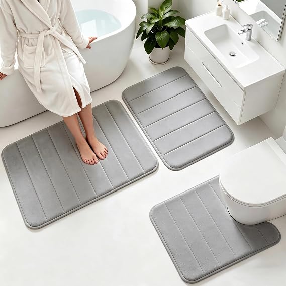 Memory Foam Bath Mat Sets 3 Piece, Grey | Non-Slip, Ultra-Soft, Absorbent, Luxury Cushioned, Anti-Skid Backing, Machine Washable