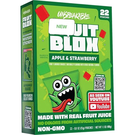 Fruit-Blox Unspeakable Apple & Strawberry Fruit Snacks Made with Real Fruit Juice, Non-GMO, Vegan & Gluten-Free, (22 Count Box, 17.6 oz Total)