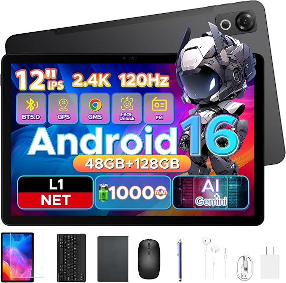 P12 Android 16 Tablet (2026), 120Hz 2.4K 12 Inch Tablet with Gemini AI, 48GB+128GB/2TB, Unisoc T7280 Octa-Core, 10000mAh, 13MP+8MP, Face ID, Widevine L1, Tablet with Keyboard, Pen, Black