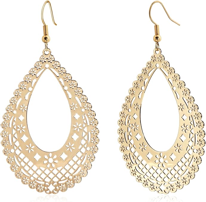 Teardrop Earrings for Women Intricate Filigree Drop Earrings with Openwork Design, Elegant Dangle Earrings Lightweight Boho Jewelry for Everyday & Special Occasions - Gold & Silver