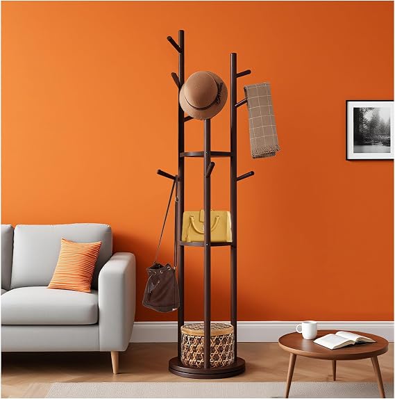 Wooden Freestanding Coat Rack with 9 Hooks&3 Rotating Storage Trays,Free Standing Coat Rack Tree with Rotatable Design,Coat Tree Freestanding for Hanging Clothes,Clothing Rack for Entryway Bedroom