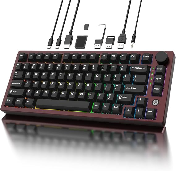 FH75 Aluminum Mechanical Keyboard with USB-C Hub, Fingerprint Reader for Windows 10/11 Hello,75% Gaming Keyboard,USB-C Dock Station with 4K HDMI,USB 3.0,PD100W,Triple-Mode,Anodized Burgundy