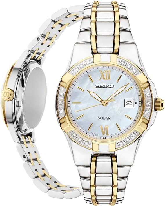 SEIKO SUT068 Watch for Women - Diamond Collection - with 18 Diamond Accents, Solar Power, Mother-of-Pearl Dial, Two-Tone Gold Stainless Steel Case & Bracelet, and Water-Resistant to 50m