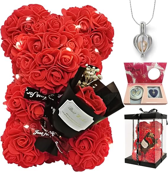Mothers Day Gift For Her Artificial Flower Rose Teddy Bear With Preserved Flowers Bouquet And Blind Box Pearl Necklace Birthday Gift For Wife Girlfriend Mom Women Mothers Day Home Decor