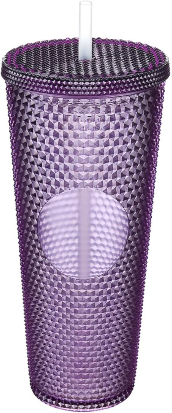 750 ml Kapaklı ve Pipetli Soğuk İçecek Bardağı – Mor Kristal Desenli Seyahat Kupası, Termal Yapı, Buzlu Doku, Buzlu Kahve Smoothie Bardak Taşınabilir Yazlık Plastik Bardak (Mürdüm)