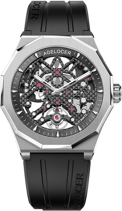 AGELOCER Men's Top Brand Black Skeleton Mechanical Automatic Luminous Rubber Strap Watch