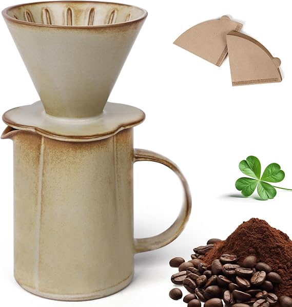 AZYM Pour Over Coffee Maker,V60 Coffee Dripper Set with 20 Count Paper Coffee Filters,Four-Leaf Clover-Shaped Drip Coffee Maker,Vintage Ceramic Carafe for Home Brewing Camping,17.5 oz (Yellow)