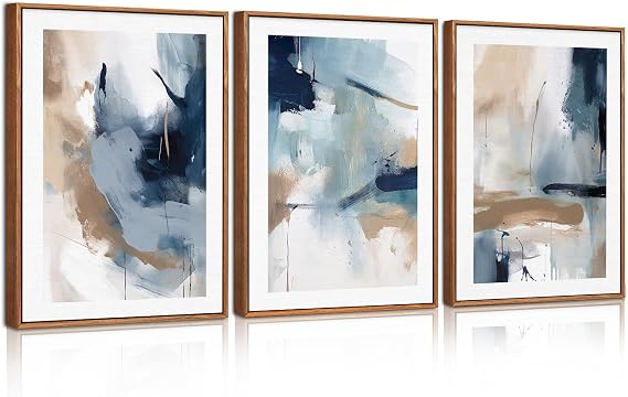 CHDITB Abstract Framed Canvas Wall Art,Blue and Brown Art Painting,Neutral Brush Strokes Artwork,Blue Abstract Poster Set,Modern Painting for Living Room,Bedroom,Office 30 x 40cm x 3pcs