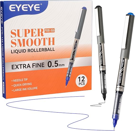 EYEYE Needle Rollerball Pens 0.5mm, 6 Black 6 Blue Extra Fine Point Pen