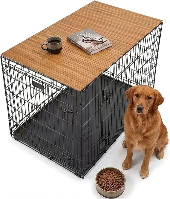 42 Inch Bamboo Dog Crate Topper, Durable Wood Table Top for Large Wire Kennel, Space-Saving Furniture Style Dog Cage Cover, 42 x 28 Inches, Natural Finish