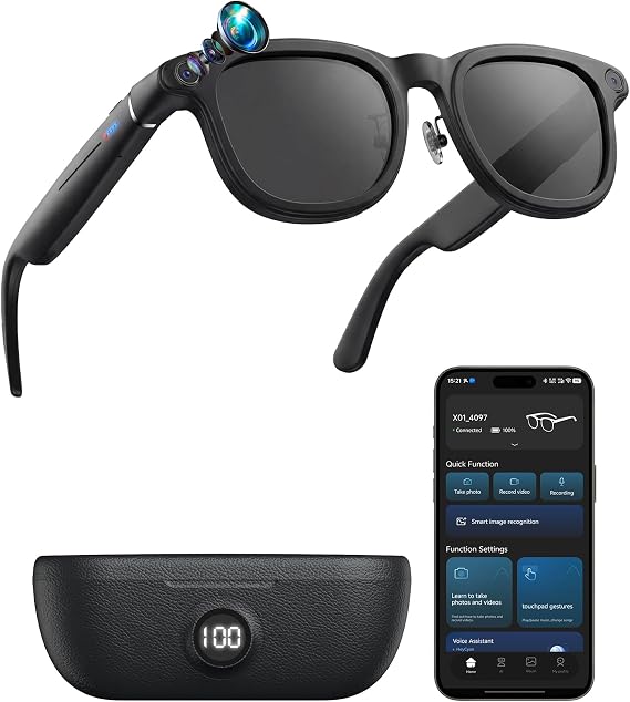 AI Smart Glasses with Camera, Built-in ChatGPT AI Voice Assistant, 1200P Video Recording, 8MP IMX219, 8-Hour Music Playback, Detachable Lenses, Real-Time Translation, with 3600mAh Charging Case