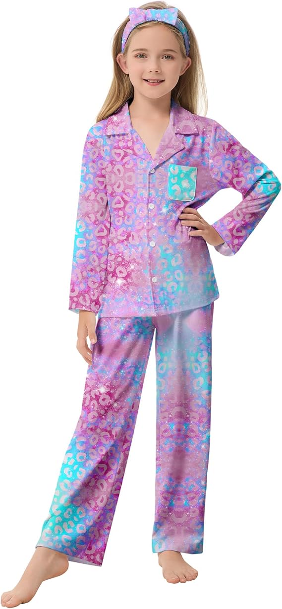 CARETOO Girls Pajamas Satin Long Sleeve Long Pants with Headband Pajama Set Kids Cute Button down Sleepwear 4-12Y