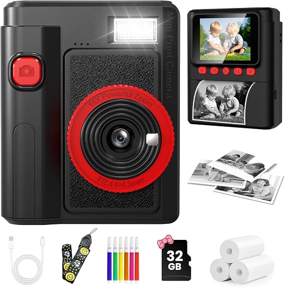 Kids Camera Instant Print, 1080P Instant Digital Print Camera for Kids with 32GB Card & 3 Rolls Photo Paper. Christmas Birthday Gift Toys for Toddler Boys Girls Age 3-12 (Black)