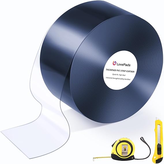 LovePads 8" x 96" Clear PVC Strip Door Curtain with Knife & Tape Measure | Plastic Walk in Cooler Curtains, Energy Efficient, Thermal Freezer Cover for Commercial Warehouse, Garage & Shop Storage