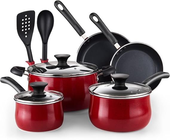 Cook N Home Professional Pots and Pans Nonstick Cookware Set, Belly Shape Kitchen Cooking Set with Frying Pans and Saucepans, Induction Compatible, 10-Piece, Red