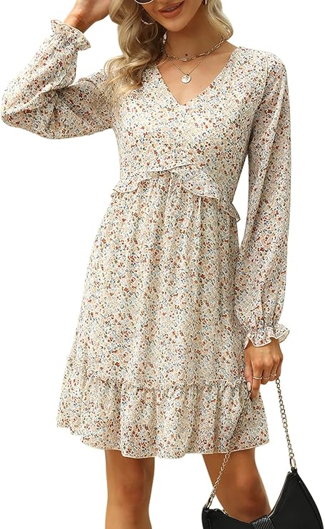 Manydress Womens V Neck Chiffon Long Lantern Sleeve Dress Casual Ruffle Boho A-Line Dresses MY117