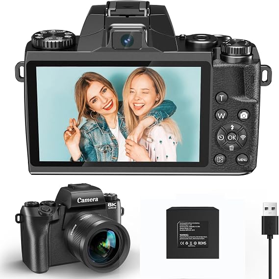 8K Digital Camera for Photography, WiFi & 4" Touch Screen Vlogging Camera for YouTube with Dual-Lens, 64MP Vlog Cameras 16X Digital Zoom with 32GB TF Card, 3000mAh Battery, Lens Hood, Black