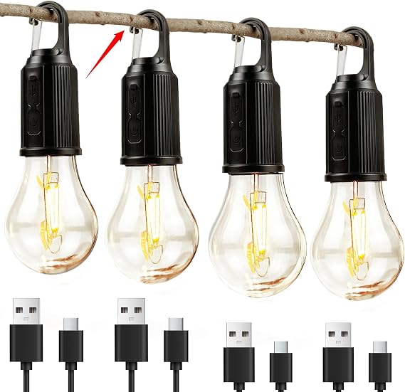 4 Pack Hanging Camping Lights Rechargeable for Tent(Black) | Tent Lamp with 3 Brightness Modes,Timer Function,Long Battery Life,IP65 Waterproof,Hook,for Camping,Hiking,Emergency Outage