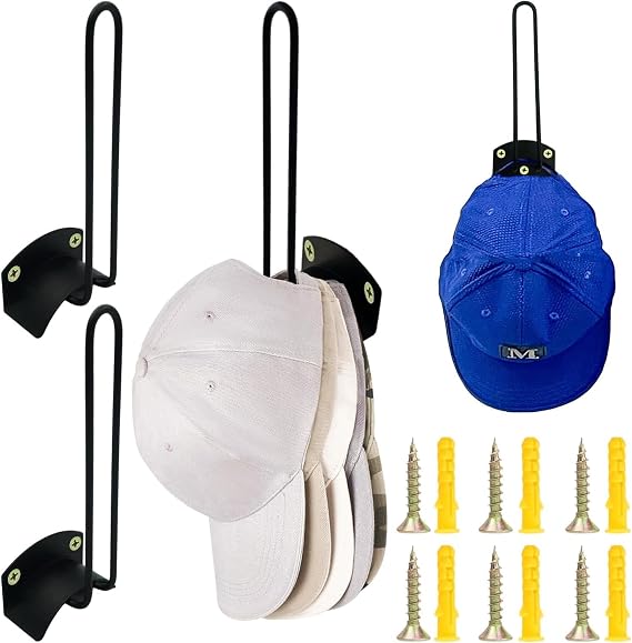 Beasert Hat Organizer for Baseball Caps, 2 Pack Metal Hat Hooks for Wall, Multi-Purpose L-Shaped Screw-in Hat Holders for Closet, Black