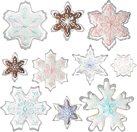 Comais Christmas Snowflake Shaped Cookie Cutters Set Stainless Steel 10Pcs | Winter Snowflake Assorted Biscuit & Fondant Molds, Perfect for Xmas Holiday Baking, Cake Decorating and Handmade DIY Crafts