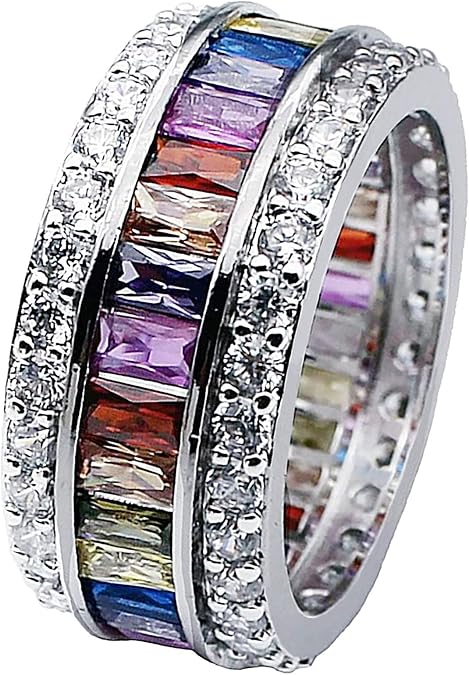 Hermosa Silver Ring for Women Wide, Multicolor Band Baguette Gemstone Rings, Silver Knuckle Women Rings Set Jewelry Size 6-12