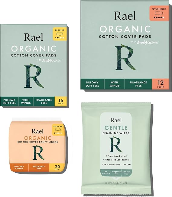 Rael Period Essential Bundle - Regular & Overnight Pads, Liners, Fem Wipes