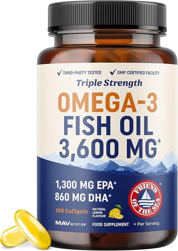 Triple Strength Omega 3 Fish Oil 3600 mg, EPA & DHA, Over 2100mg Omega-3 | 1300mg EPA + 860mg DHA, Best Essential Fatty Acids, Wild Caught and Burpless Fish Oil, Clean Label Certified, 180 Softgels