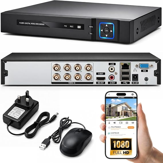 8 Channel Security DVR Recorder, 6-In-1 CCTV Surveillance Video Recorder, for Camera Home Surveillance System, for Analog AHD, TVI, CVI, CVBS, XVI, IPC 5MP H.265+DVR