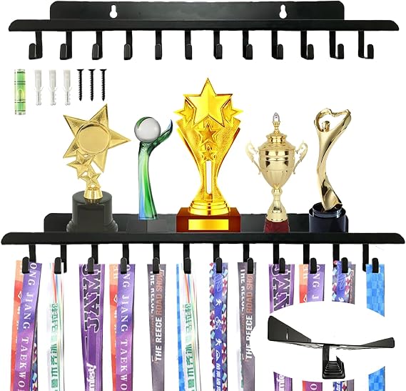 Medal Hanger Display Trophy Shelf with 12 Hooks for Wall | Race Medal Display for Gymnastics, Race, Soccer, Swim