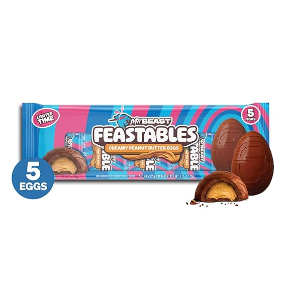 MrBeast Feastables Creamy Peanut Butter Eggs, Easter Limited Edition, 5 Count, Milk Chocolate with Peanut Butter Filling, 1.24oz Each