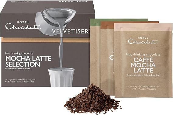 Hotel Chocolat Mocha Latte Hot Chocolate Selection Box - Luxury Chocolate Flakes - Pack of 10 Single-Serve Sachets, 310g - Suitable for Vegetarians